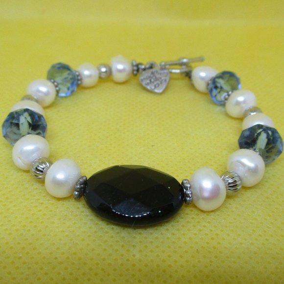 Genuine FRESH WATER PEARL Blue Faceted Crystal Bracelet Large Black Faceted Bead - Picture 1 of 13